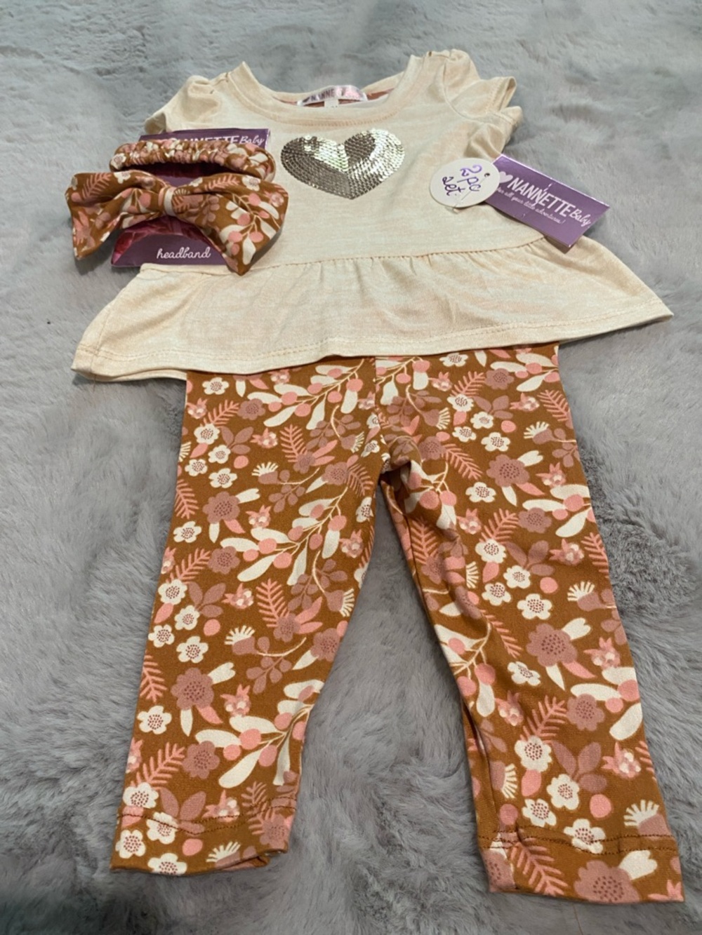 Nannette Cream Top with Rose Gold Sequin Heart / matching leggings set